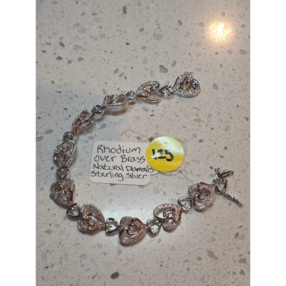 Natural Diamond Heart Link Bracelet Rhodium Sterling Silver Two Tone Rose Gold - Picture 2 of 2
